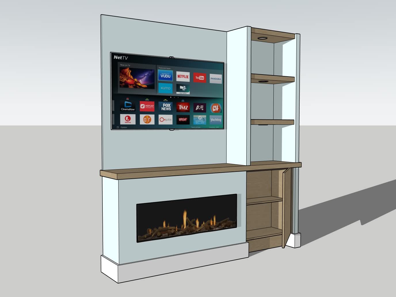 3D design render of a bespoke media wall with fireplace and shelving